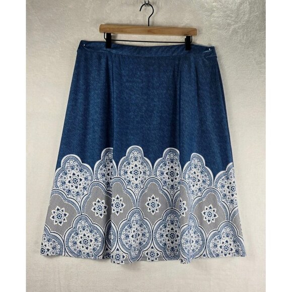 Blue Knit Denim A-Line Skrit Midi Faux Lace Sz 18/20W Est 1946 Comfort Cottage - Picture 1 of 12
